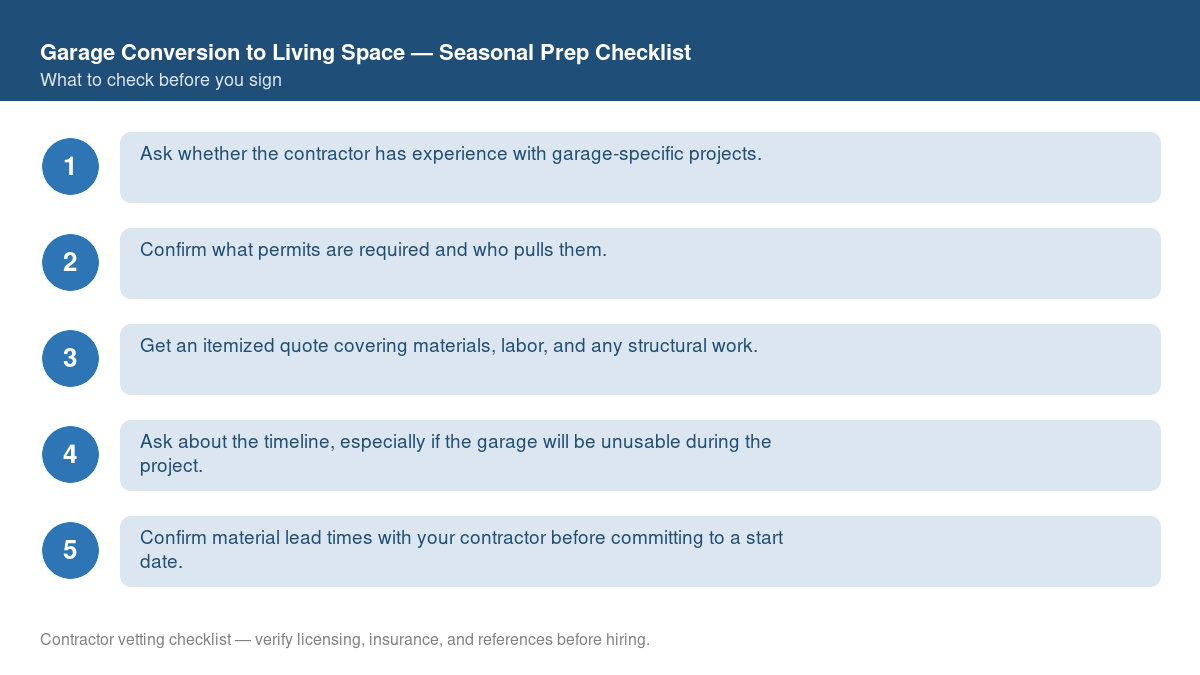 Checklist for seasonal preparation before starting garage conversion to living space