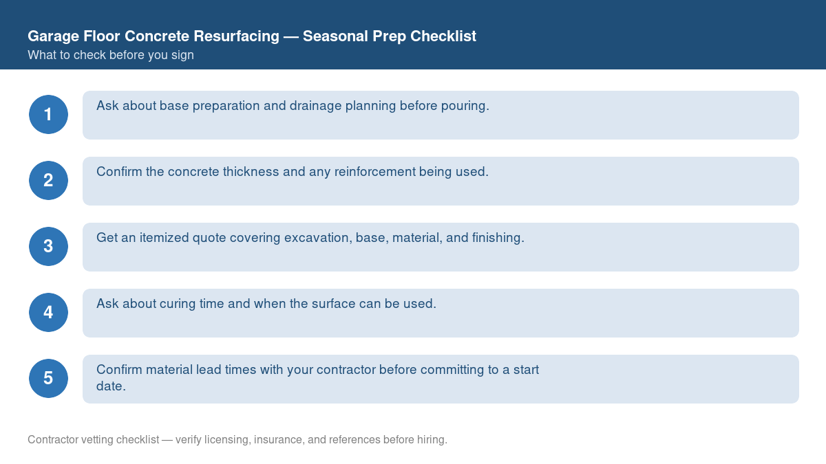 Checklist for seasonal preparation before starting garage floor concrete resurfacing