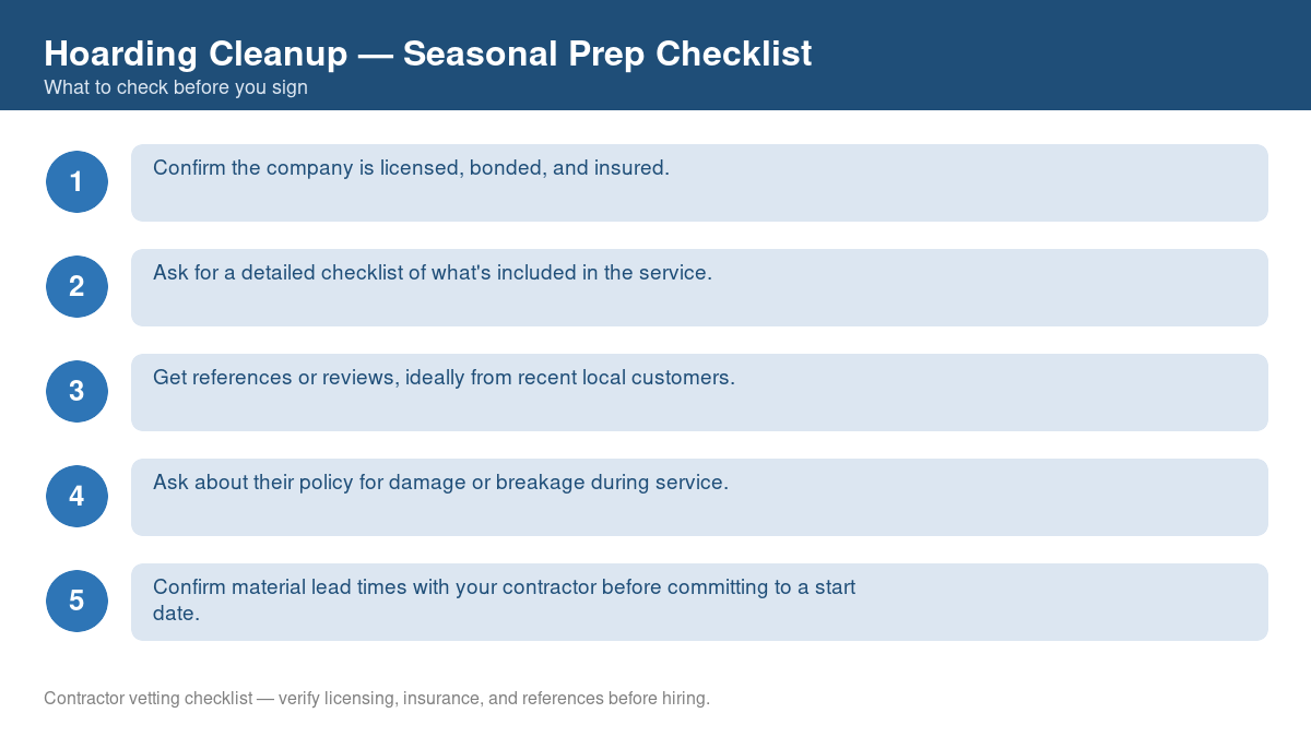 Checklist for seasonal preparation before starting hoarding cleanup