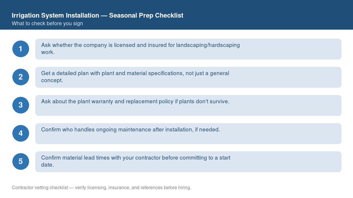 Checklist for seasonal preparation before starting irrigation system installation