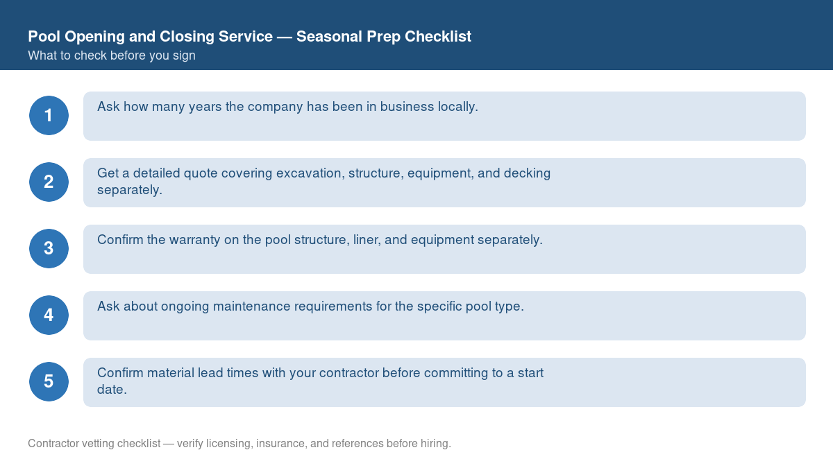 Checklist for seasonal preparation before starting pool opening and closing service
