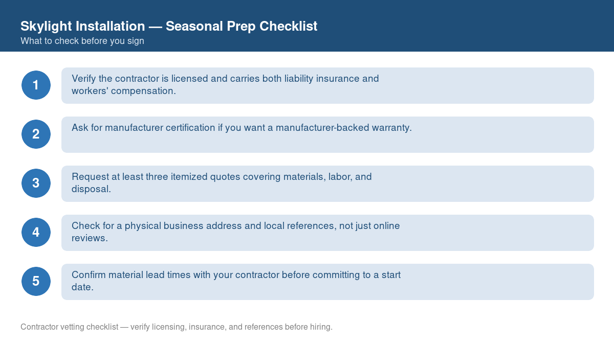 Checklist for seasonal preparation before starting skylight installation