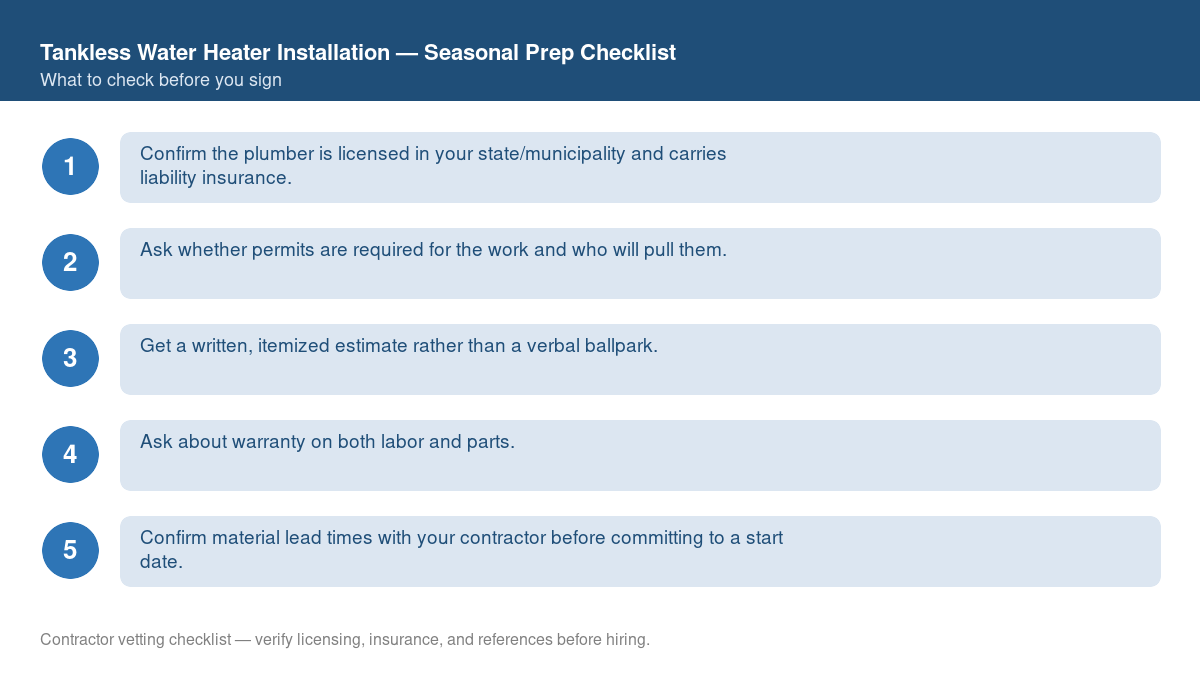 Checklist for seasonal preparation before starting tankless water heater installation