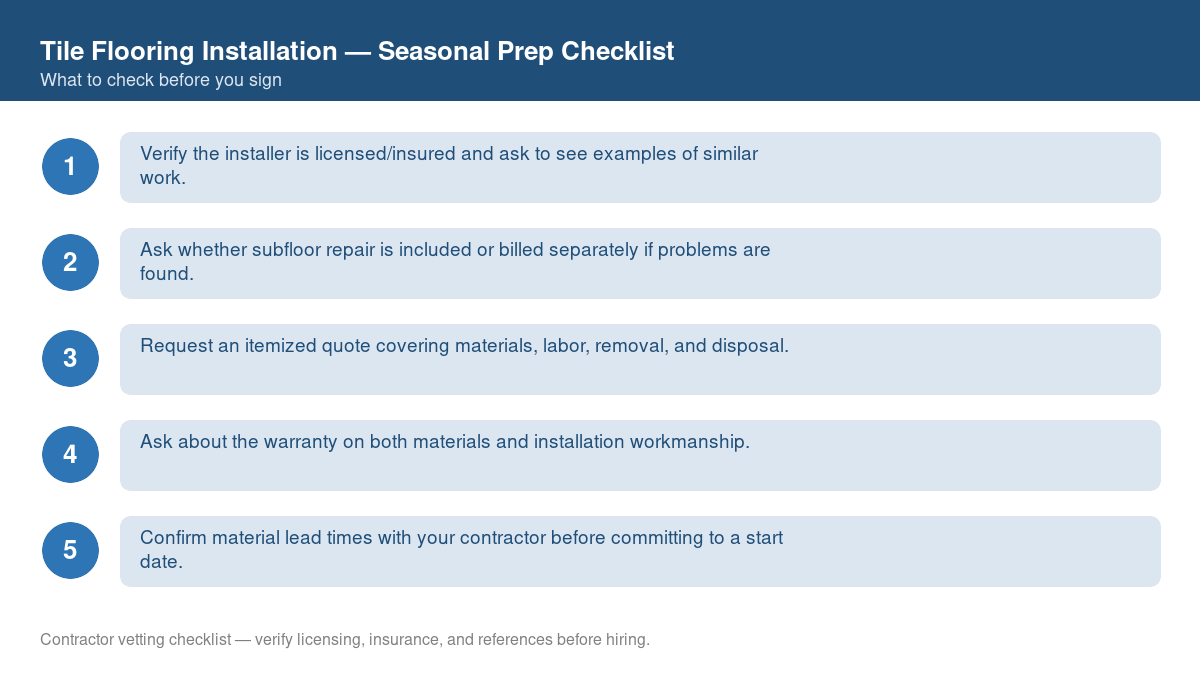 Checklist for seasonal preparation before starting tile flooring installation