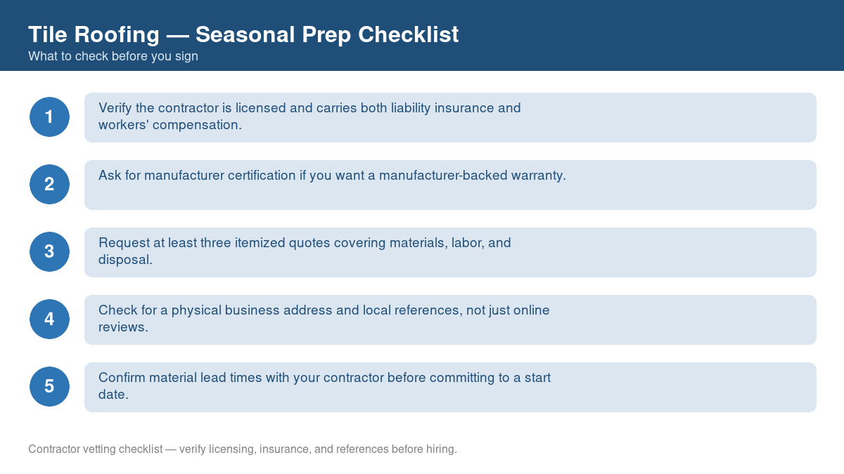 Checklist for seasonal preparation before starting tile roofing