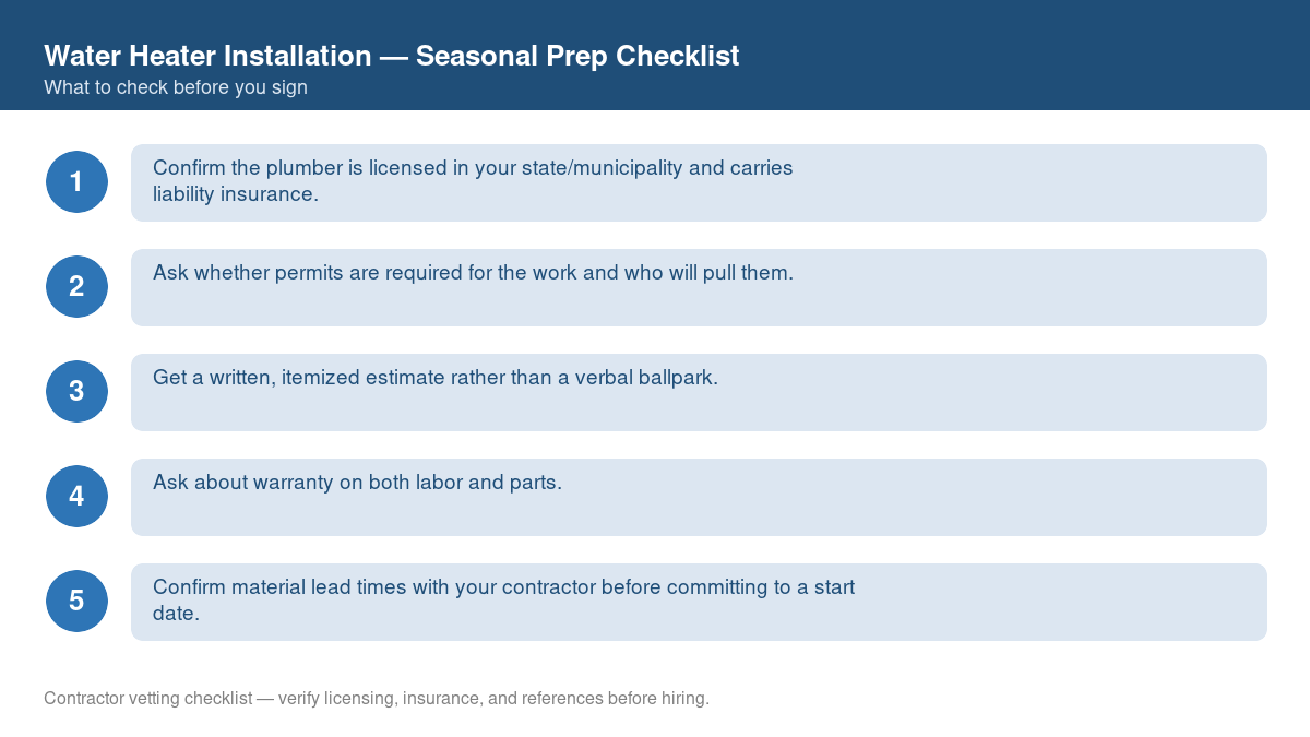 Checklist for seasonal preparation before starting water heater installation