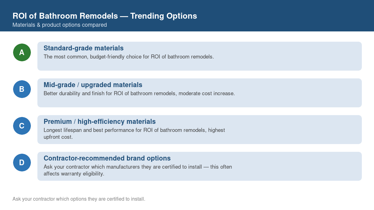 Comparison of trending material and product options for ROI of bathroom remodels in 2026