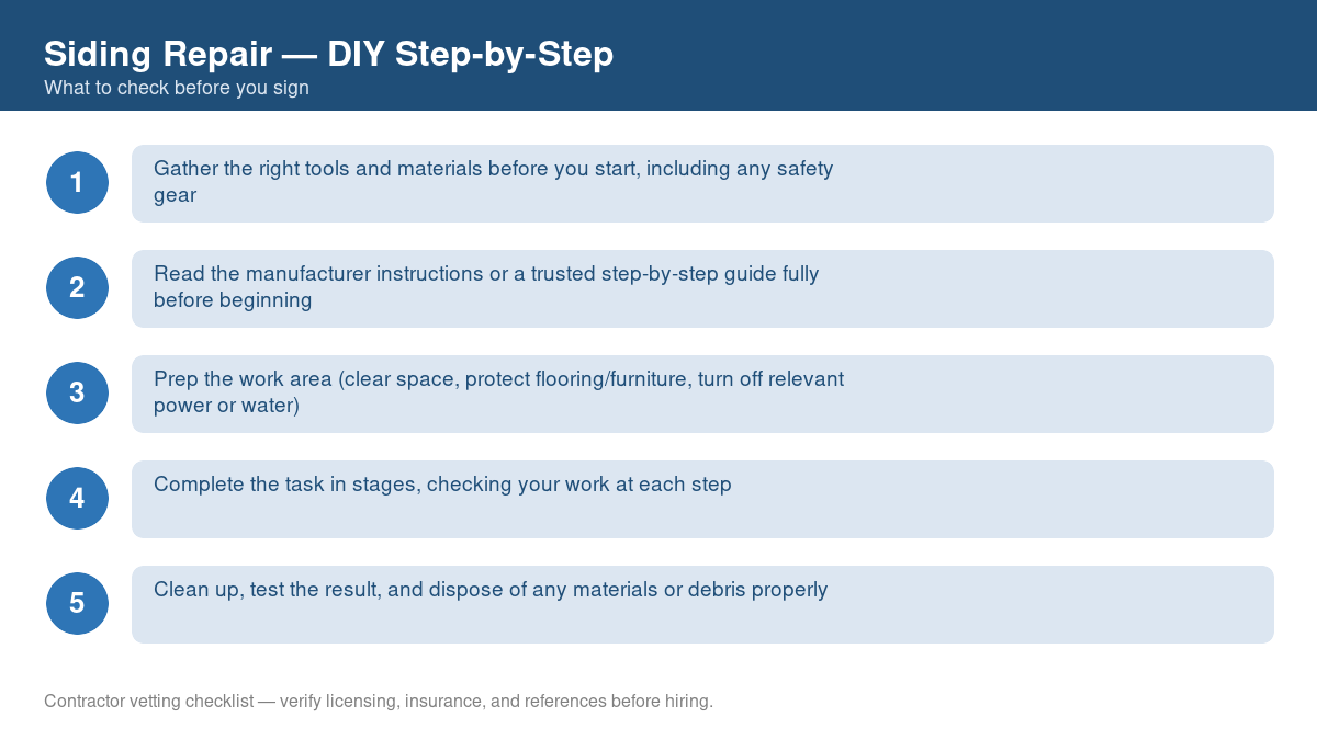 Checklist of step-by-step instructions for DIY siding repair