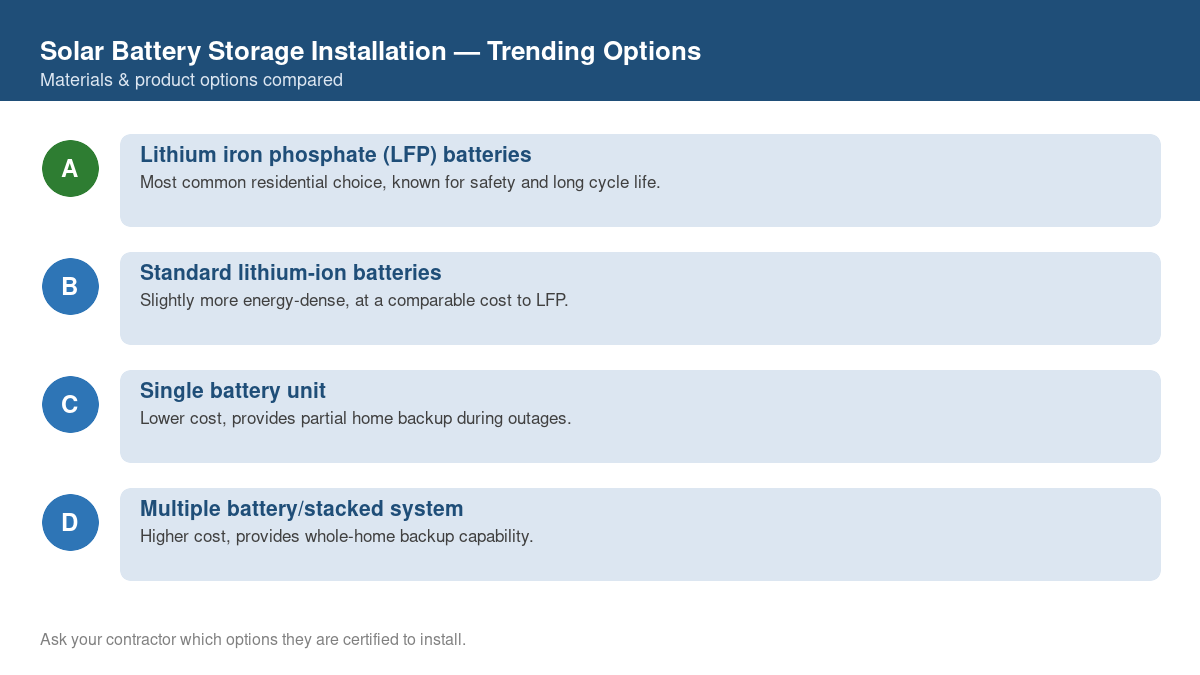 Comparison of trending material and product options for solar battery storage installation in 2026