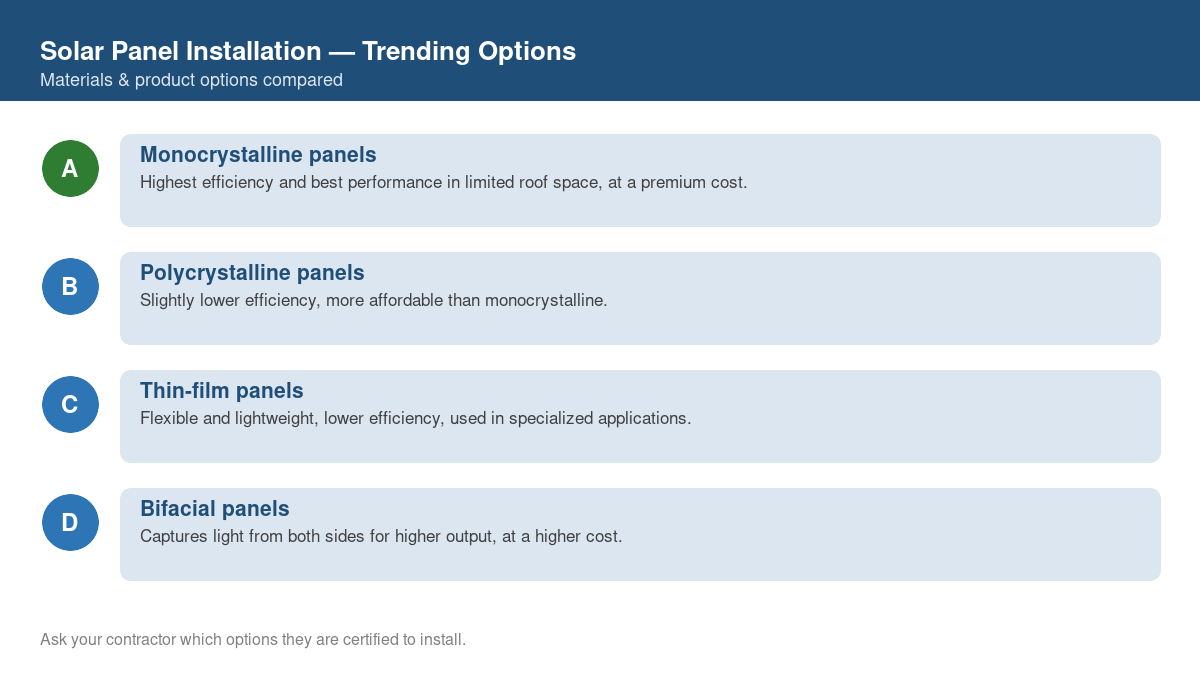 Comparison of trending material and product options for solar panel installation in 2026