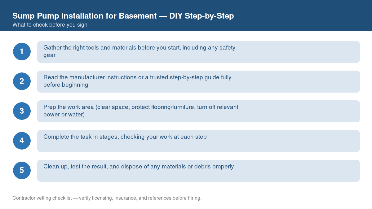Checklist of step-by-step instructions for DIY sump pump installation for basement