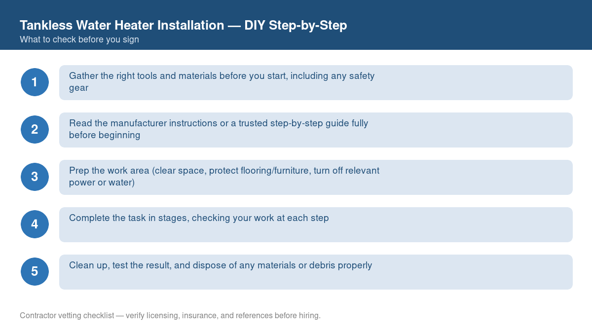 Checklist of step-by-step instructions for DIY tankless water heater installation