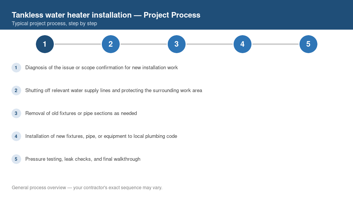 Step-by-step diagram of the typical process for tankless water heater installation