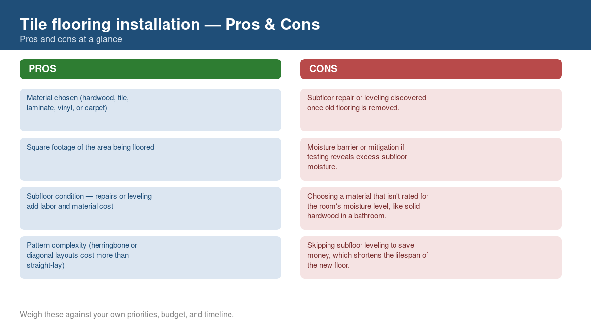 Pros and cons comparison chart for tile flooring installation