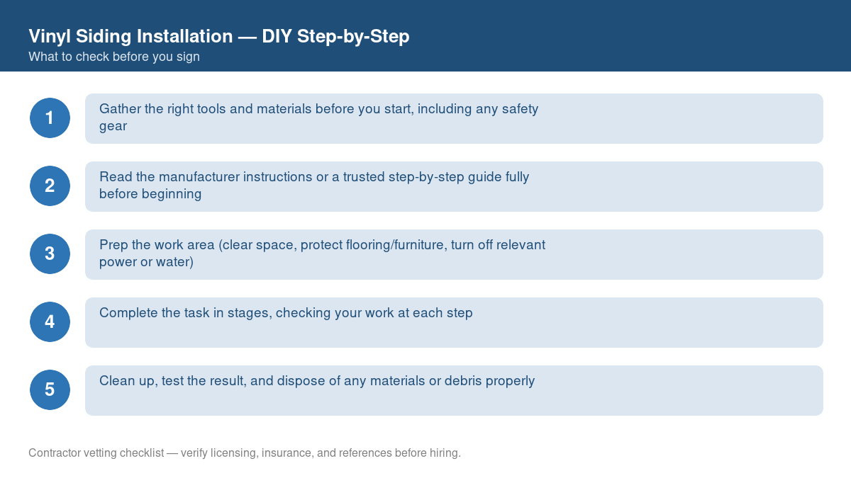 Checklist of step-by-step instructions for DIY vinyl siding installation