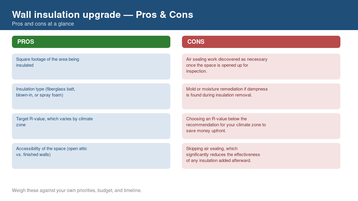 Pros and cons comparison chart for wall insulation upgrade