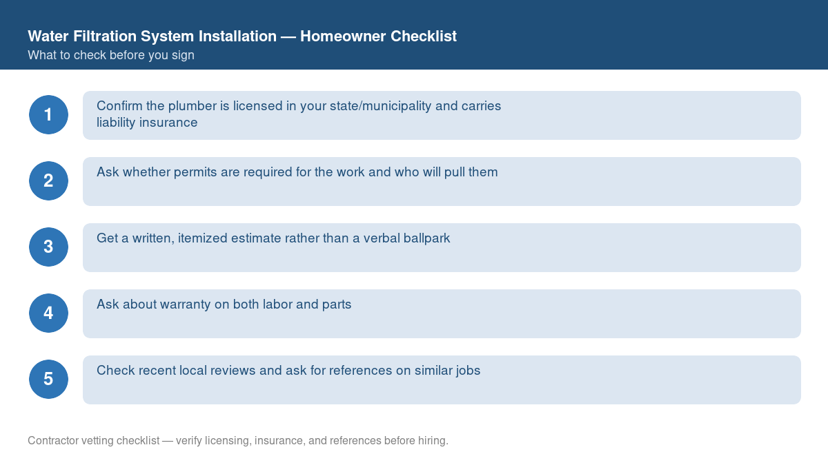 Checklist of steps to take before starting water filtration system installation