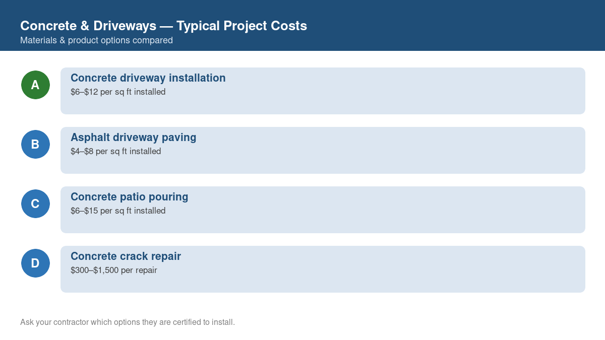 Comparison chart of typical costs for common concrete & driveways projects