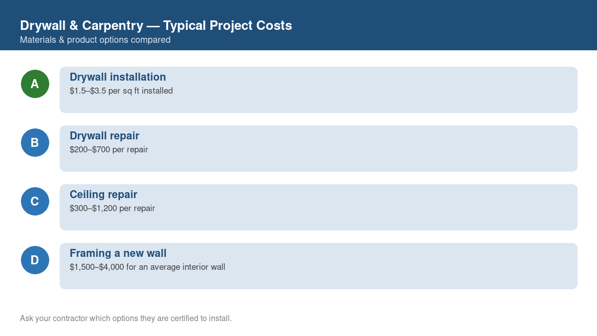 Comparison chart of typical costs for common drywall & carpentry projects