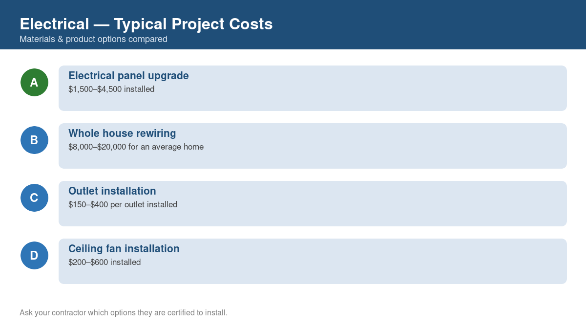 Comparison chart of typical costs for common electrical projects