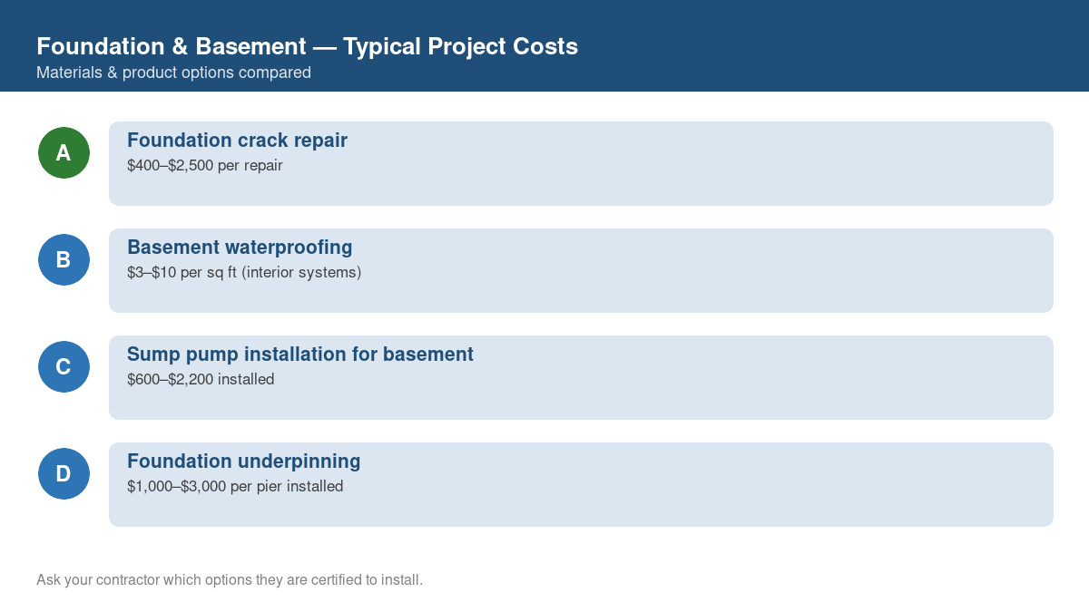 Comparison chart of typical costs for common foundation & basement projects