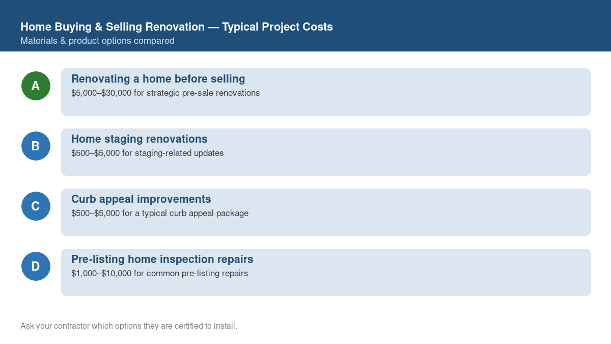 Comparison chart of typical costs for common home buying & selling renovation projects