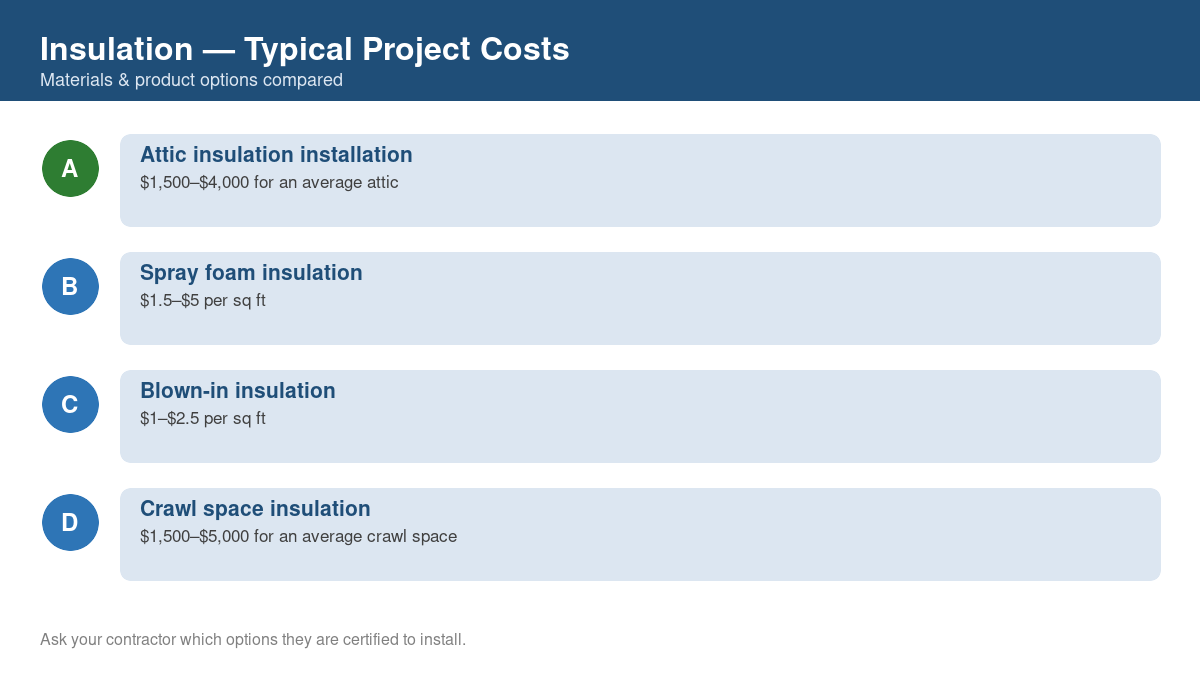 Comparison chart of typical costs for common insulation projects