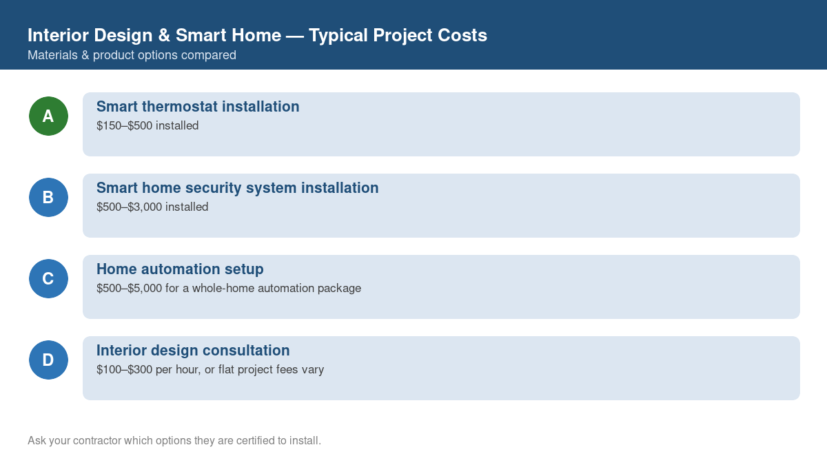 Comparison chart of typical costs for common interior design & smart home projects
