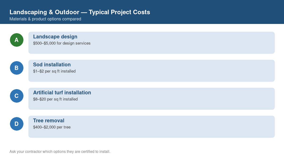 Comparison chart of typical costs for common landscaping & outdoor projects