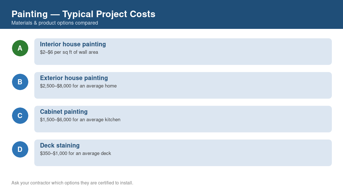 Comparison chart of typical costs for common painting projects