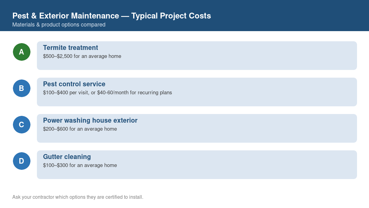 Comparison chart of typical costs for common pest & exterior maintenance projects