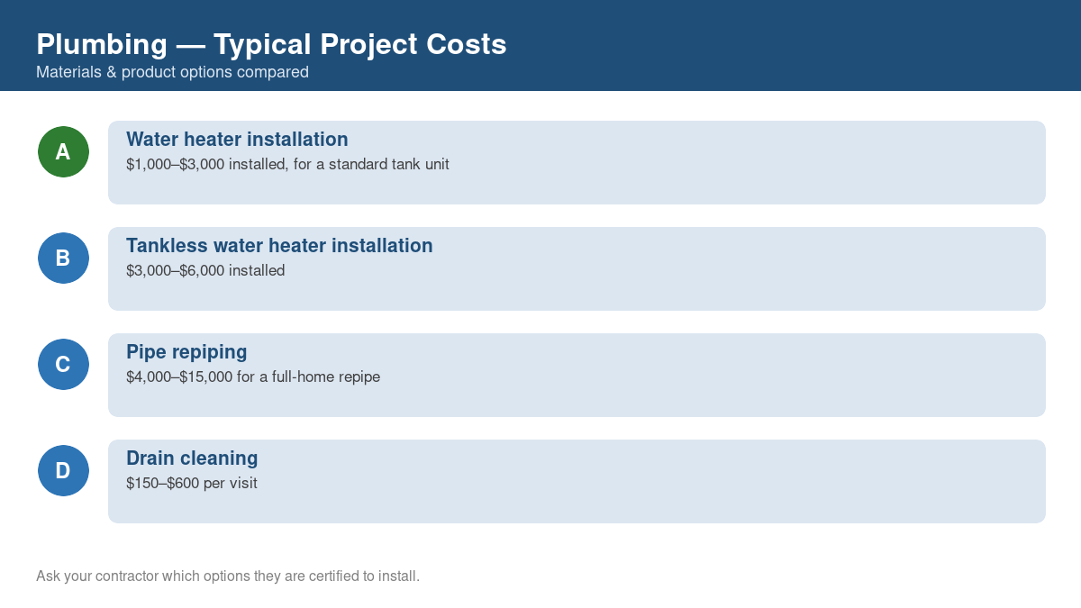 Comparison chart of typical costs for common plumbing projects