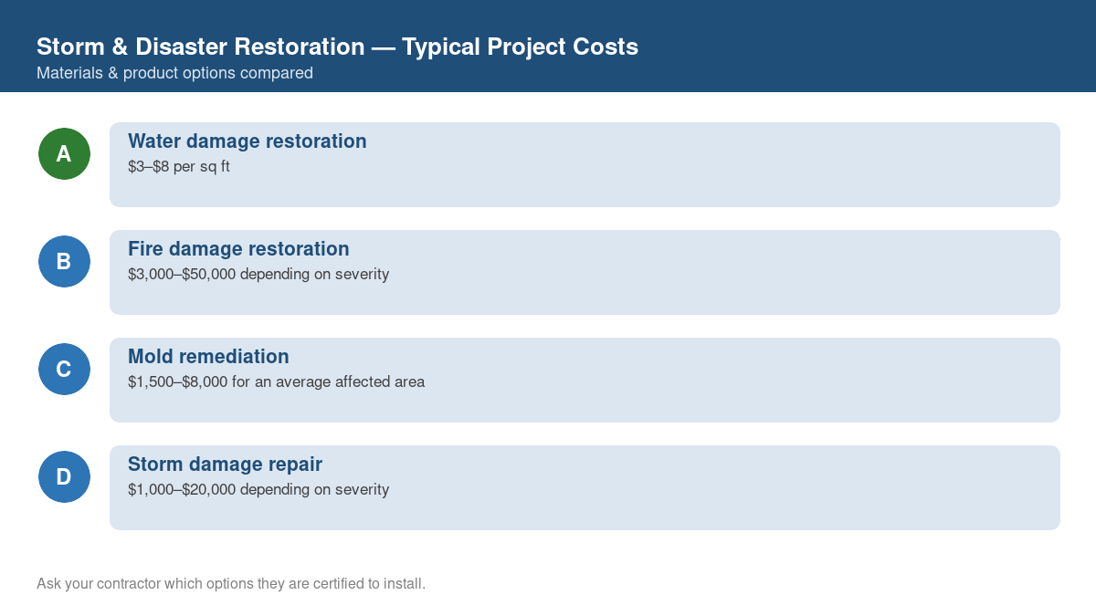 Comparison chart of typical costs for common storm & disaster restoration projects