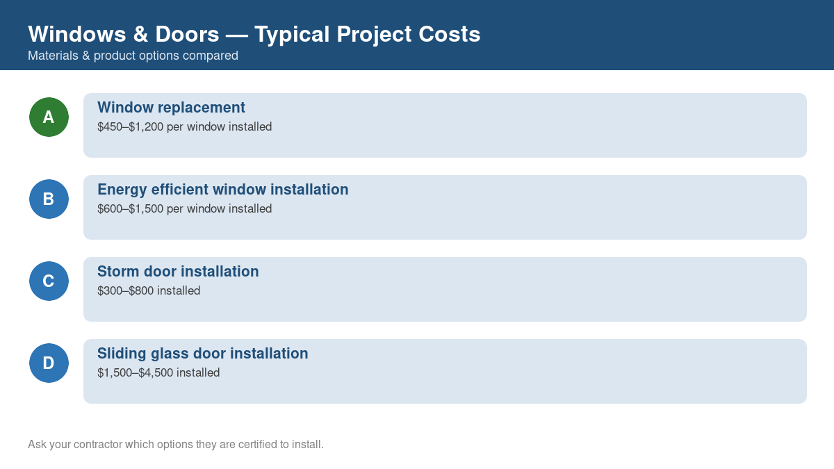 Comparison chart of typical costs for common windows & doors projects