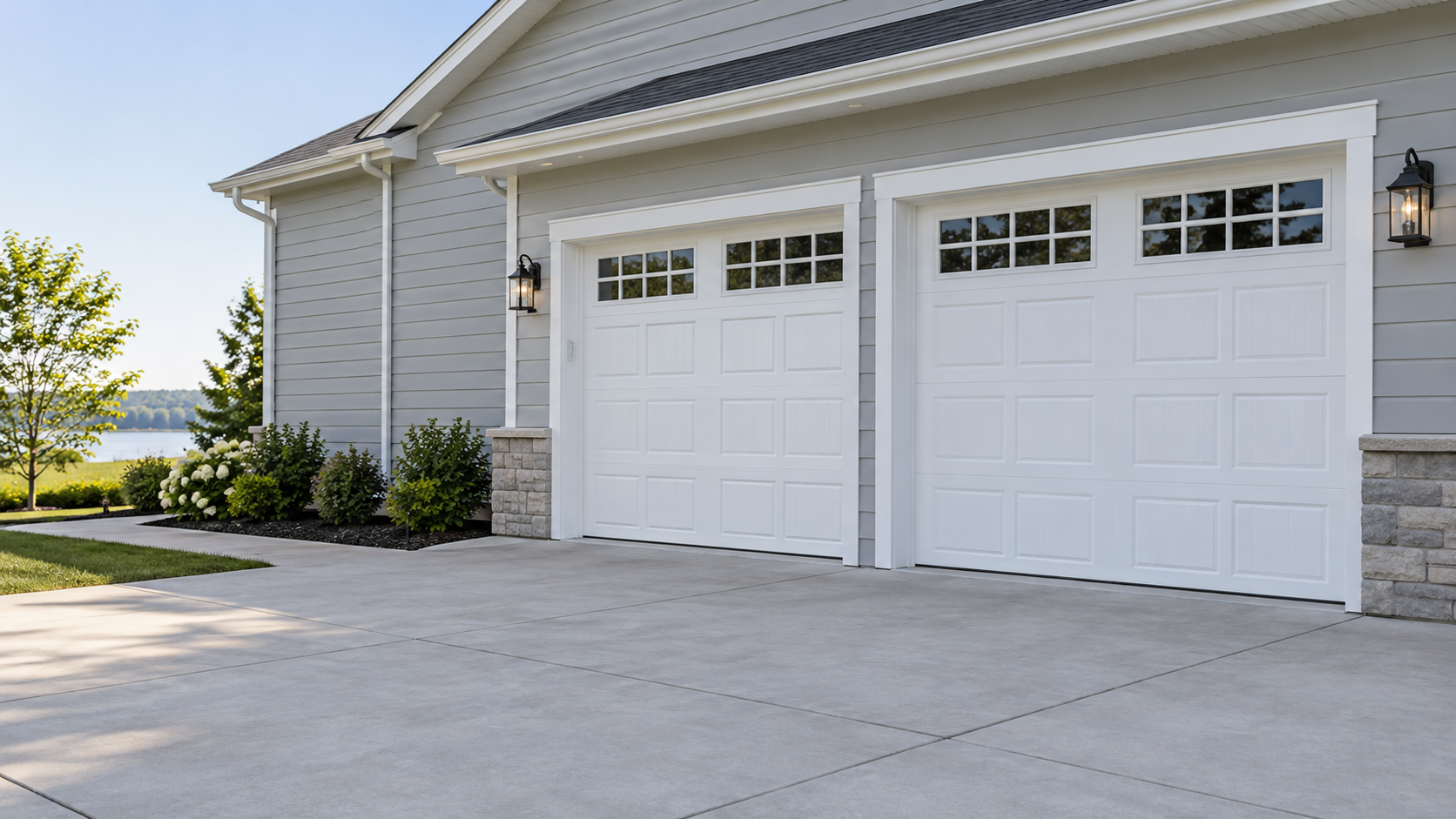 Residential garage doors and driveway